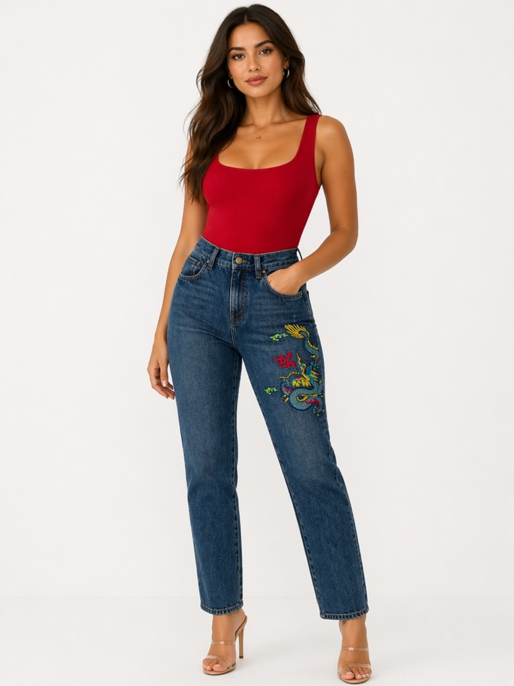 Ralph Lauren Classic Blue Wash Dragon Embroidery Straight Leg Jeans